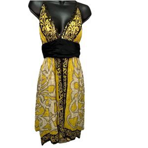 Nicole Miller Silk Halter Dress Yellow Black Baroque Maxi Train Size 8 Y2K Luxe